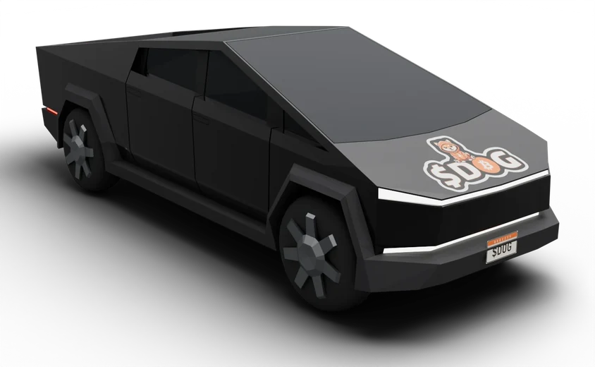 The black Cyber $DOG pickup with the $DOG sticker on the hood