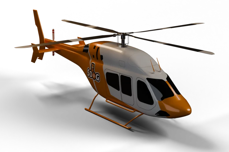 The DOG helicopter in Bitcoin orange and white with the $DOG sticker on the side