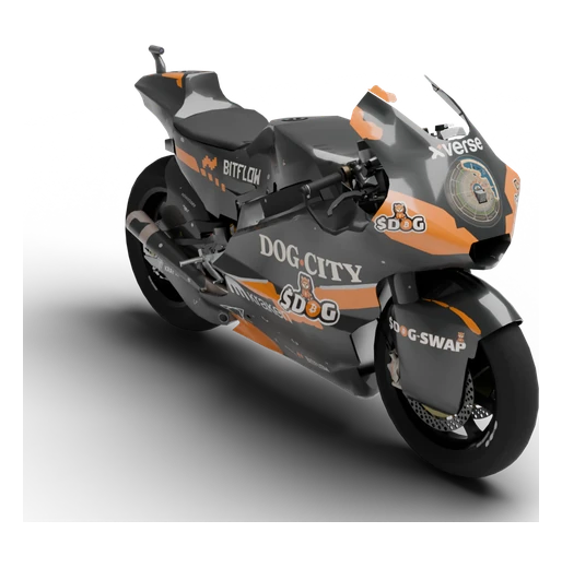 The $DOG racing motorbike in black and orange MotoGP livery, with DOG·CITY, $DOG and partner logos on the fairing