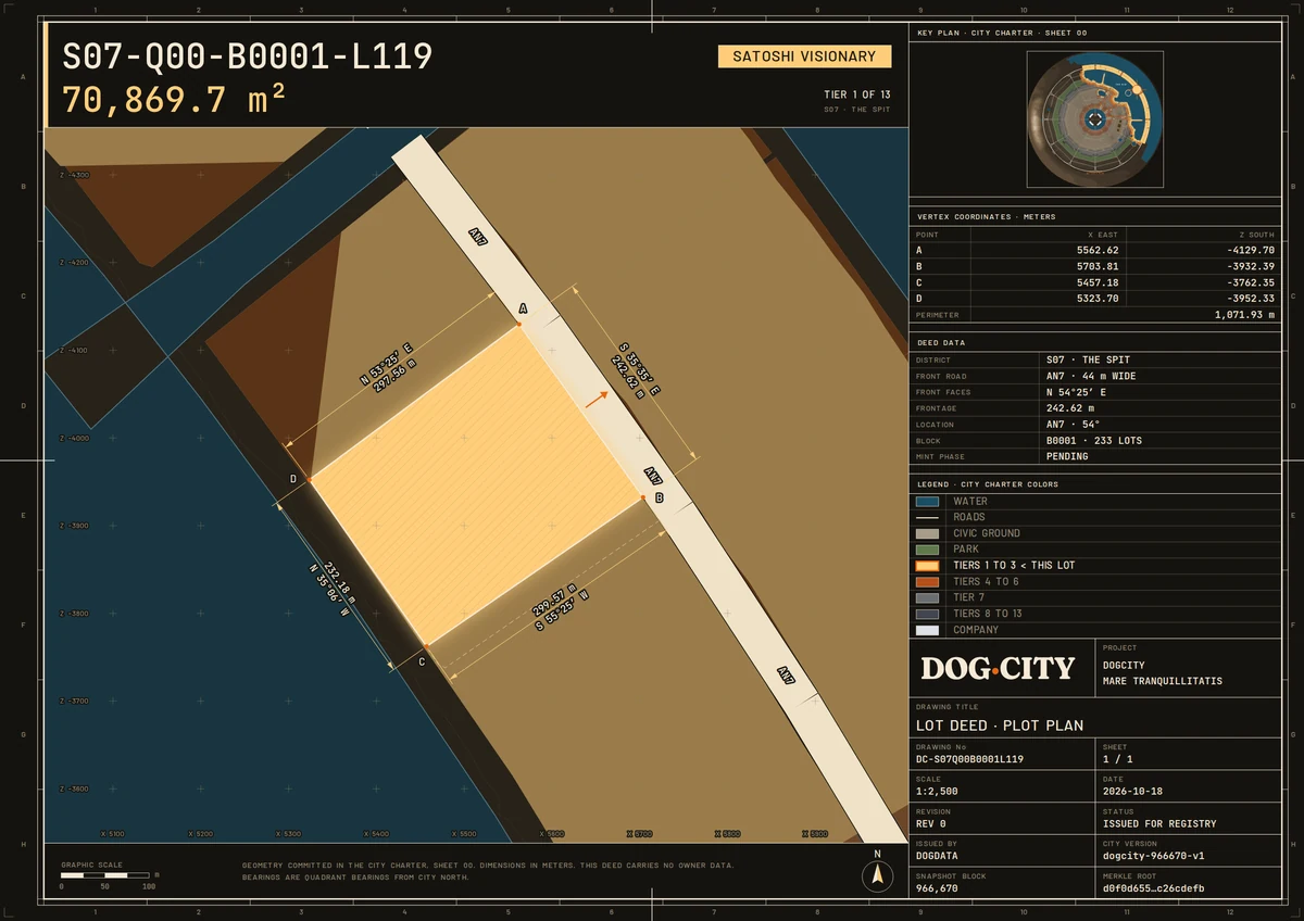 Lot deed S07-Q00-B0001-L119: TIER 1 OF 13 · SATOSHI VISIONARY, 70,869.7 m², S07 · THE SPIT